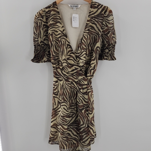 Walter Baker Brandi Safari Zebra Print Short Sleeve Wrap Mini Dress Womens Small - Picture 2 of 16
